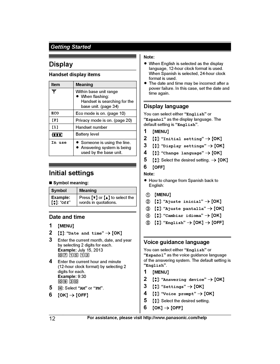 Panasonic KX-TG4222, KX-TG313SK, KX-TG4224 Initial settings, Date and time, Display language, Voice guidance language 