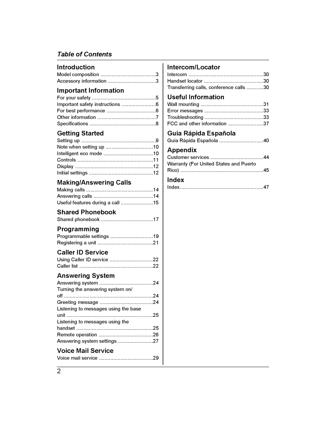 Panasonic KX-TG4221, KX-TG313SK, KX-TG4224, KX-TG4223, KX-TG4225, KX-TG4222, KXTG4223N operating instructions Table of Contents 