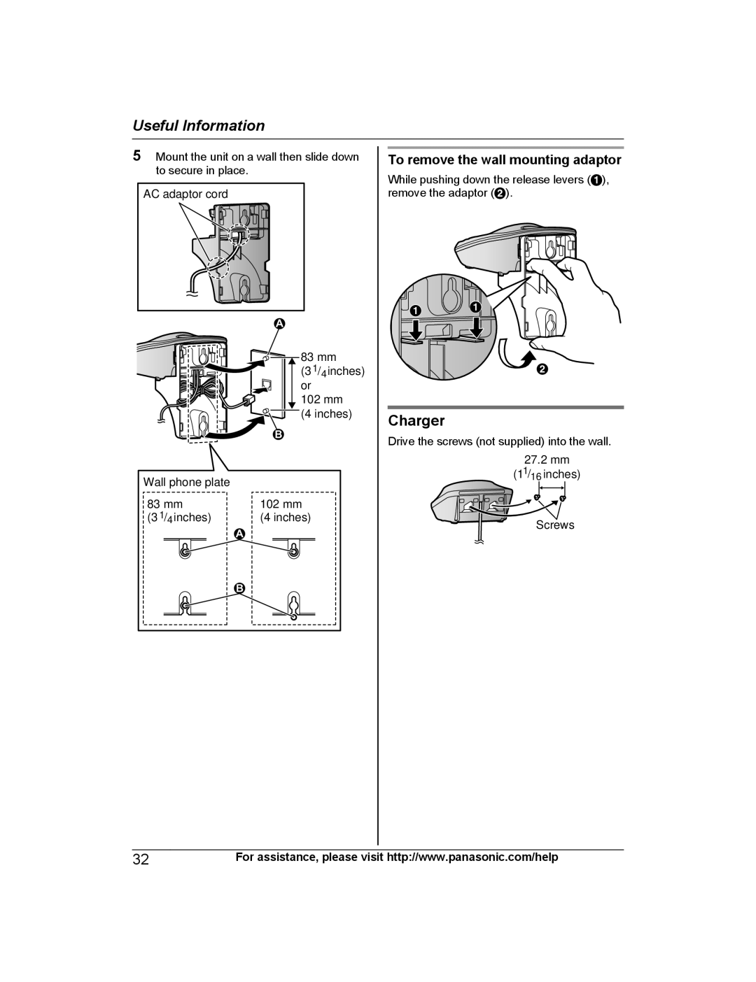 Panasonic KX-TG4225, KX-TG313SK, KX-TG4224, KX-TG4221, KX-TG4223, KX-TG4222 Charger, To remove the wall mounting adaptor 