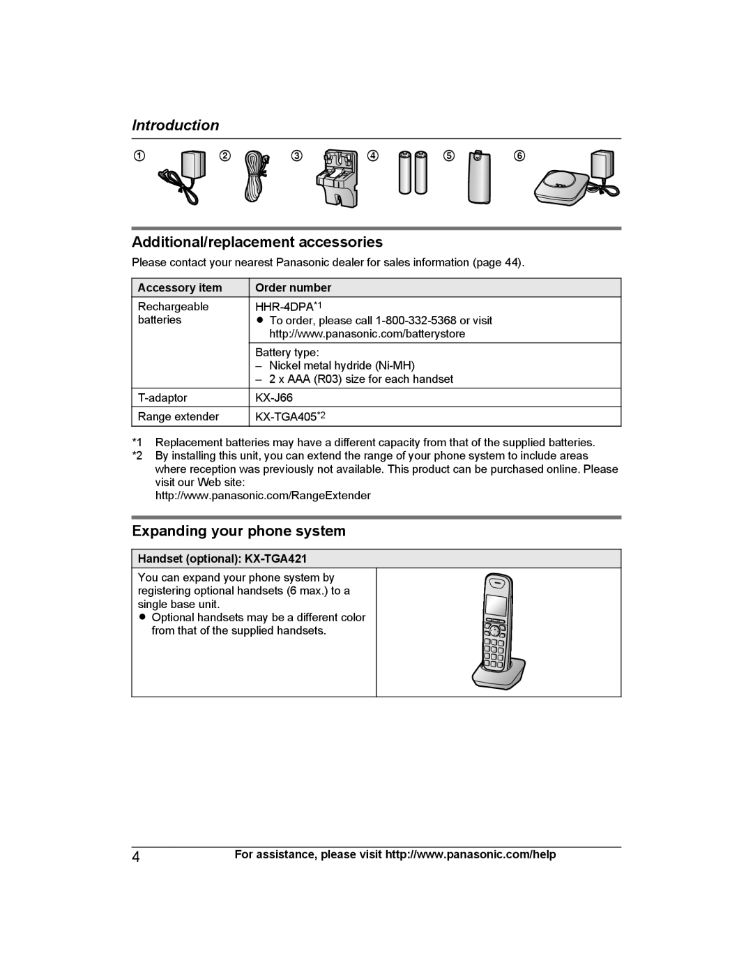 Panasonic KX-TG4225 Additional/replacement accessories, Expanding your phone system, Accessory item Order number 