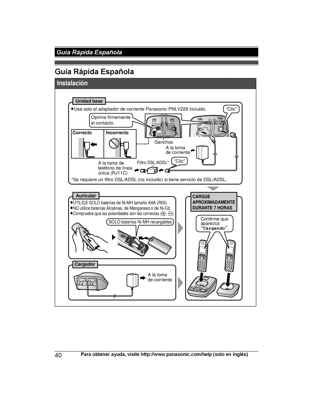 Panasonic KX-TG4222, KX-TG313SK, KX-TG4224 Guía Rápida Española, Unidad base, Correcto Incorrecto, Auricular, Cargador 