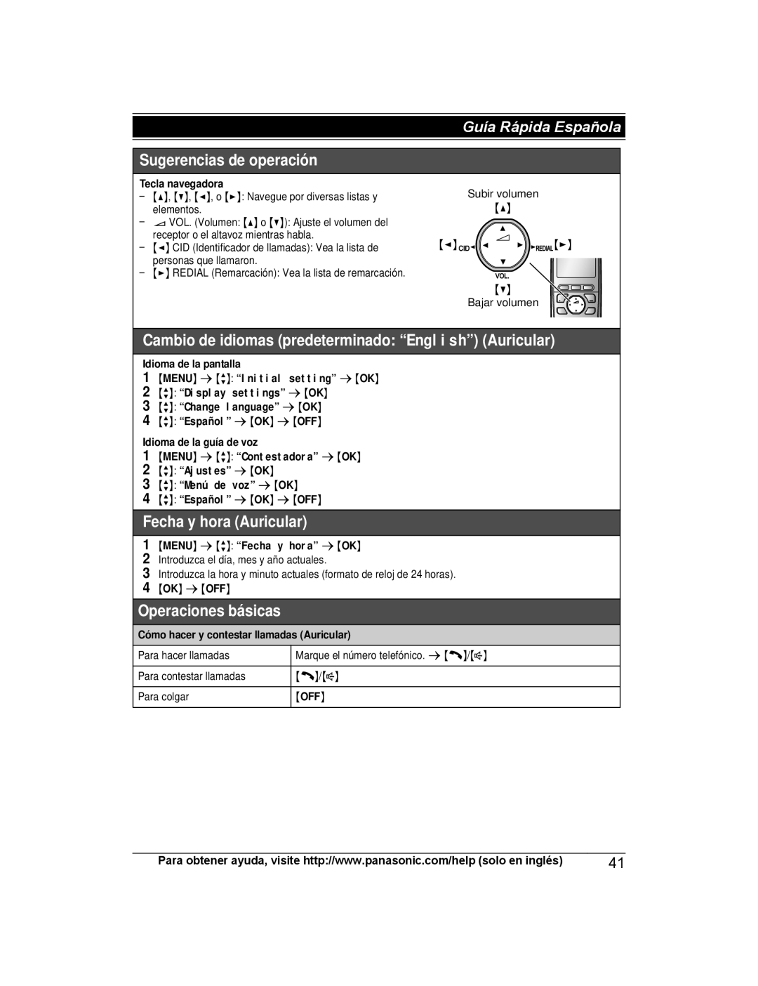 Panasonic KXTG4223N, KX-TG313SK Tecla navegadora, Idioma de la pantalla, Idioma de la guía de voz, Menú de voz s OK 