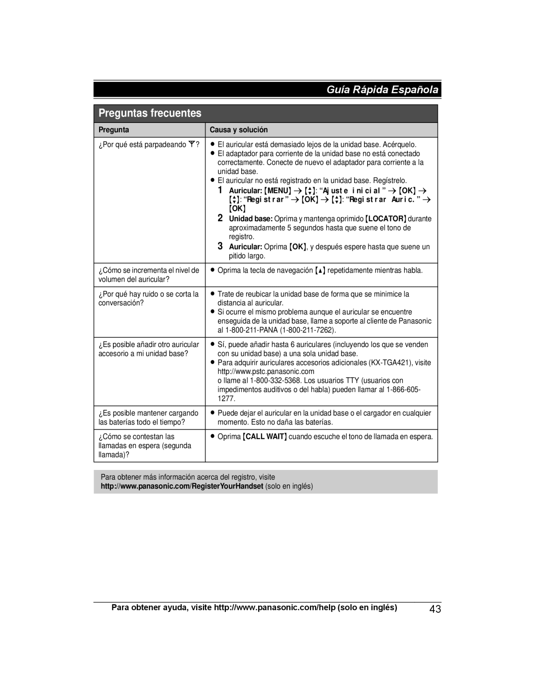 Panasonic KX-TG4224, KX-TG313SK, KX-TG4221, KX-TG4223 Pregunta Causa y solución, Auricular Menu s r Ajuste inicial s OK s 