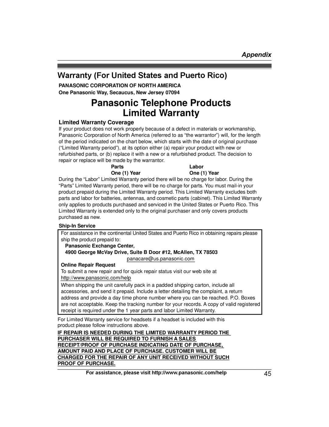 Panasonic KX-TG4223, KX-TG313SK, KX-TG4224, KX-TG4221 Warranty For United States and Puerto Rico, Limited Warranty Coverage 