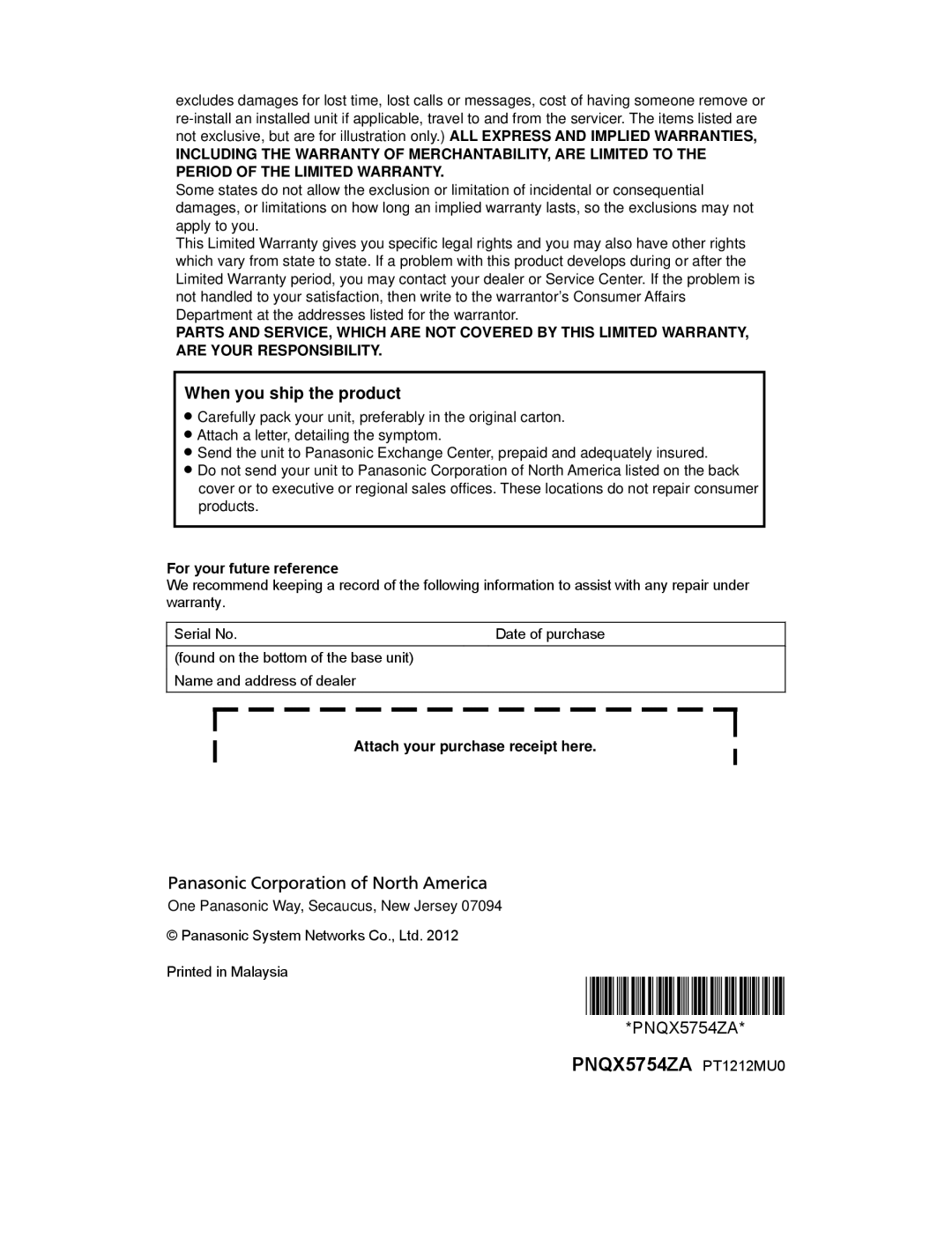 Panasonic KXTG4223N, KX-TG313SK, KX-TG4224 Read troubleshooting page in the Operating Instructions, PNQX5754ZA PT1212MU0 