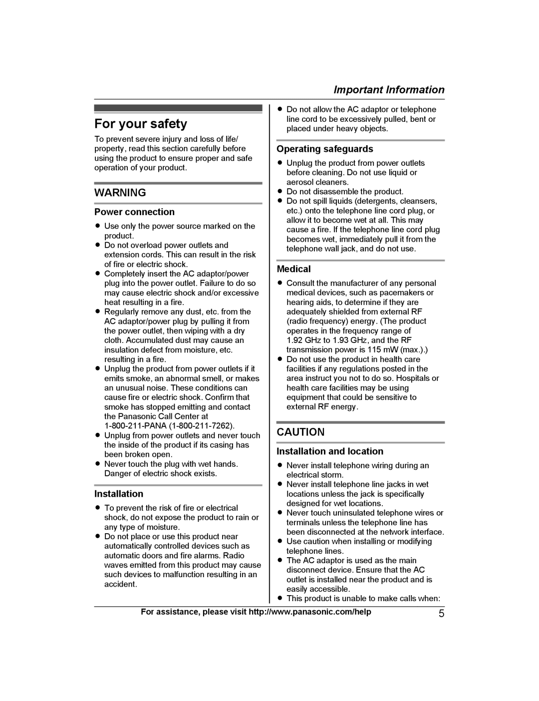 Panasonic KX-TG4222, KX-TG313SK, KX-TG4224, KX-TG4221, KX-TG4223, KX-TG4225, KXTG4223N operating instructions For your safety 