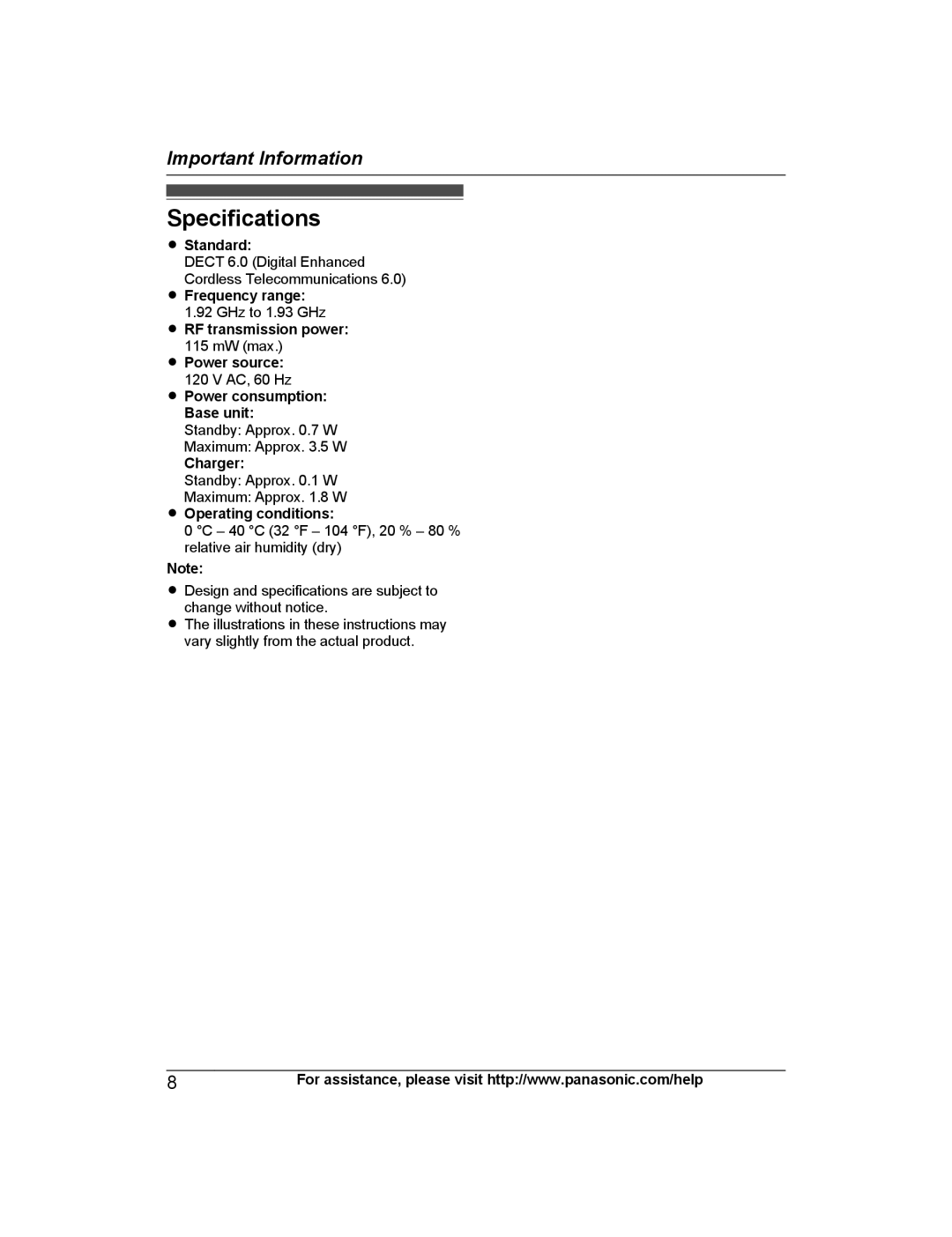 Panasonic KX-TG4224, KX-TG313SK, KX-TG4221, KX-TG4223, KX-TG4225, KX-TG4222, KXTG4223N operating instructions Specifications 