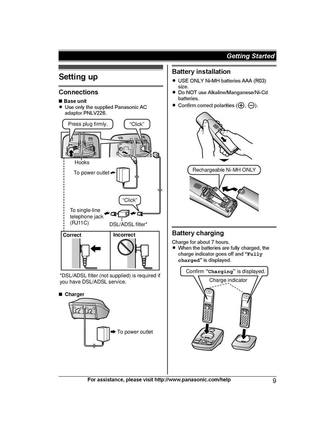 Panasonic KX-TG4221, KX-TG313SK Setting up, Connections, Battery installation, Battery charging, Correct Incorrect 