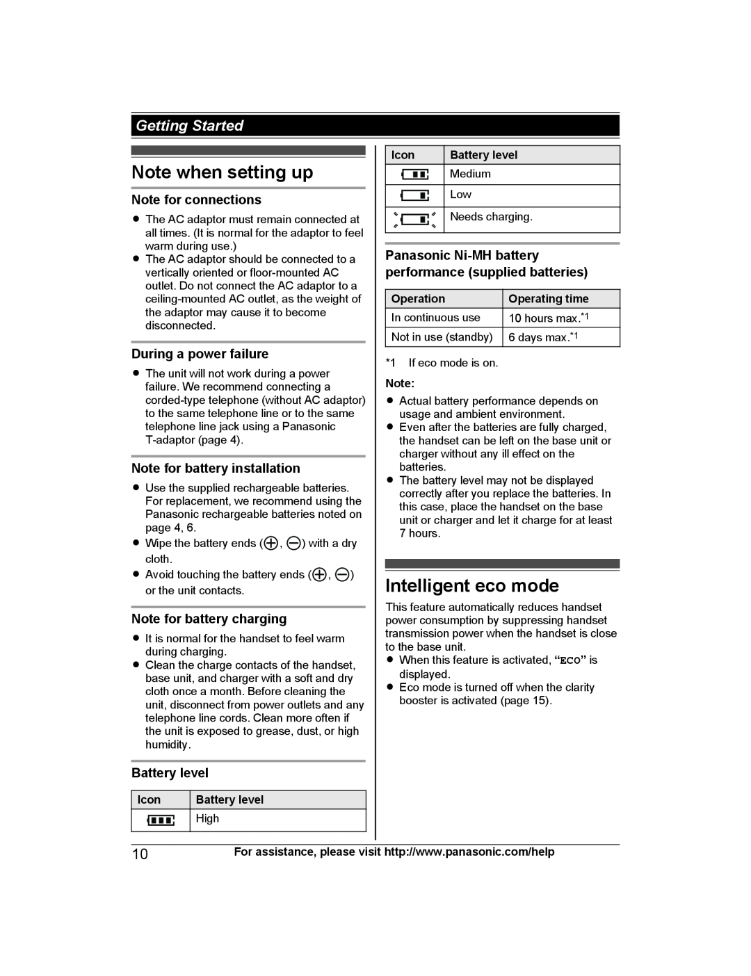 Panasonic KX-TG4223 Note when setting up, Intelligent eco mode, Note for connections, During a power failure, Icon, High 