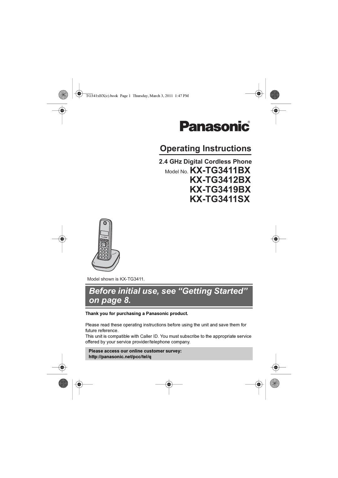 Panasonic KX-TG3411BX operating instructions GHz Digital Cordless Phone, Thank you for purchasing a Panasonic product 