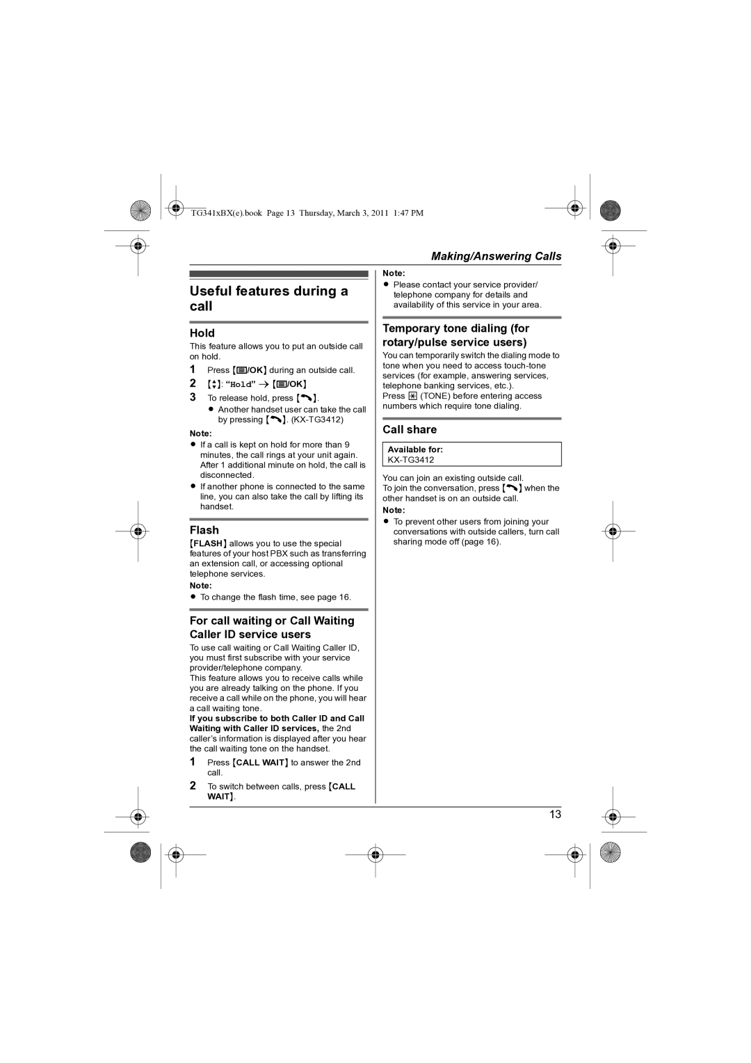 Panasonic KX-TG3411BX operating instructions Useful features during a call 