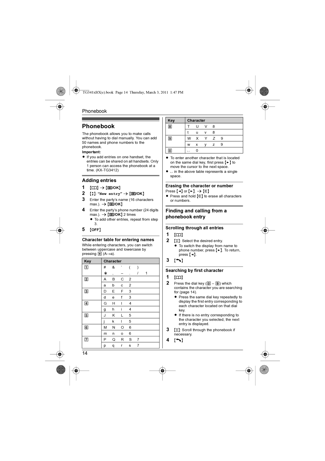 Panasonic KX-TG3411BX operating instructions Phonebook, Adding entries, Finding and calling from a phonebook entry 