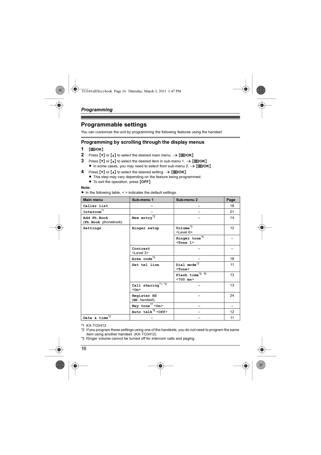 Panasonic KX-TG3411BX operating instructions Programmable settings, Programming by scrolling through the display menus 