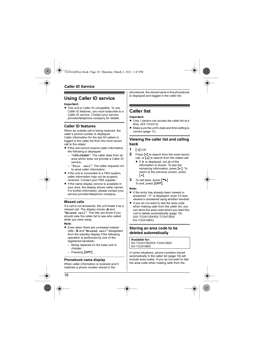 Panasonic KX-TG3411BX Using Caller ID service, Caller list, Caller ID features, Viewing the caller list and calling back 