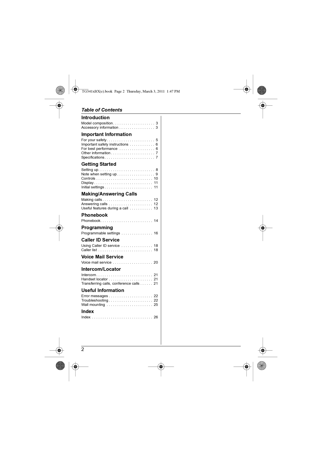 Panasonic KX-TG3411BX operating instructions Table of Contents 