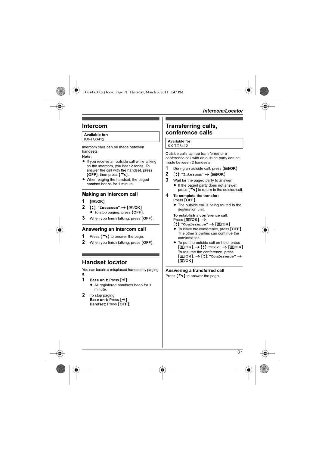 Panasonic KX-TG3411BX Intercom, Handset locator, Transferring calls, conference calls, Making an intercom call 