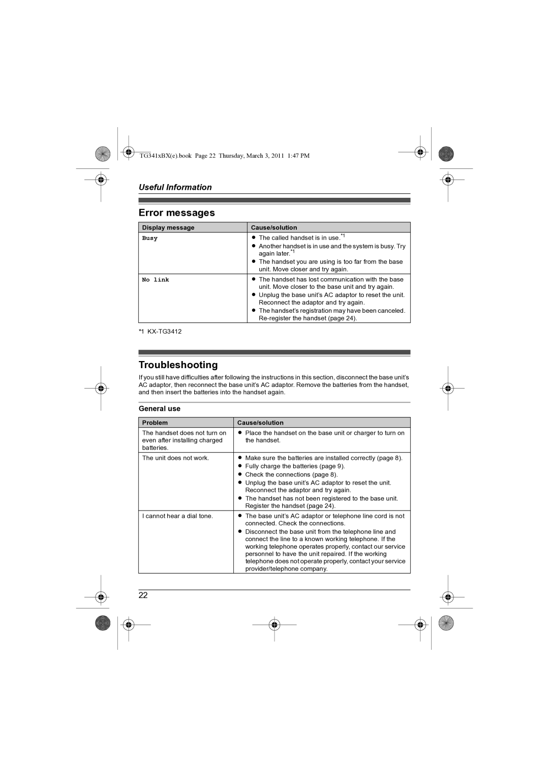 Panasonic KX-TG3411BX operating instructions Error messages, Troubleshooting, General use, Busy, No link 