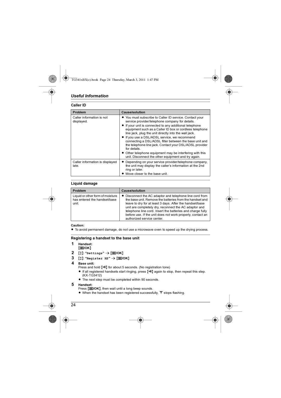 Panasonic KX-TG3411BX Caller ID, Liquid damage, Registering a handset to the base unit, Settings sj/OK Register HS sj/OK 