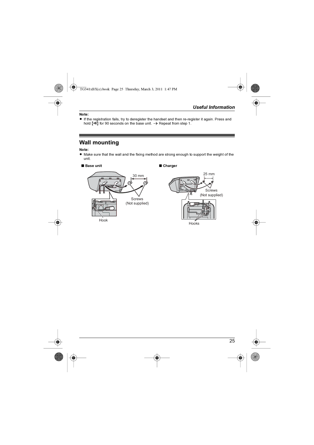 Panasonic KX-TG3411BX operating instructions Wall mounting, Base unit Charger 