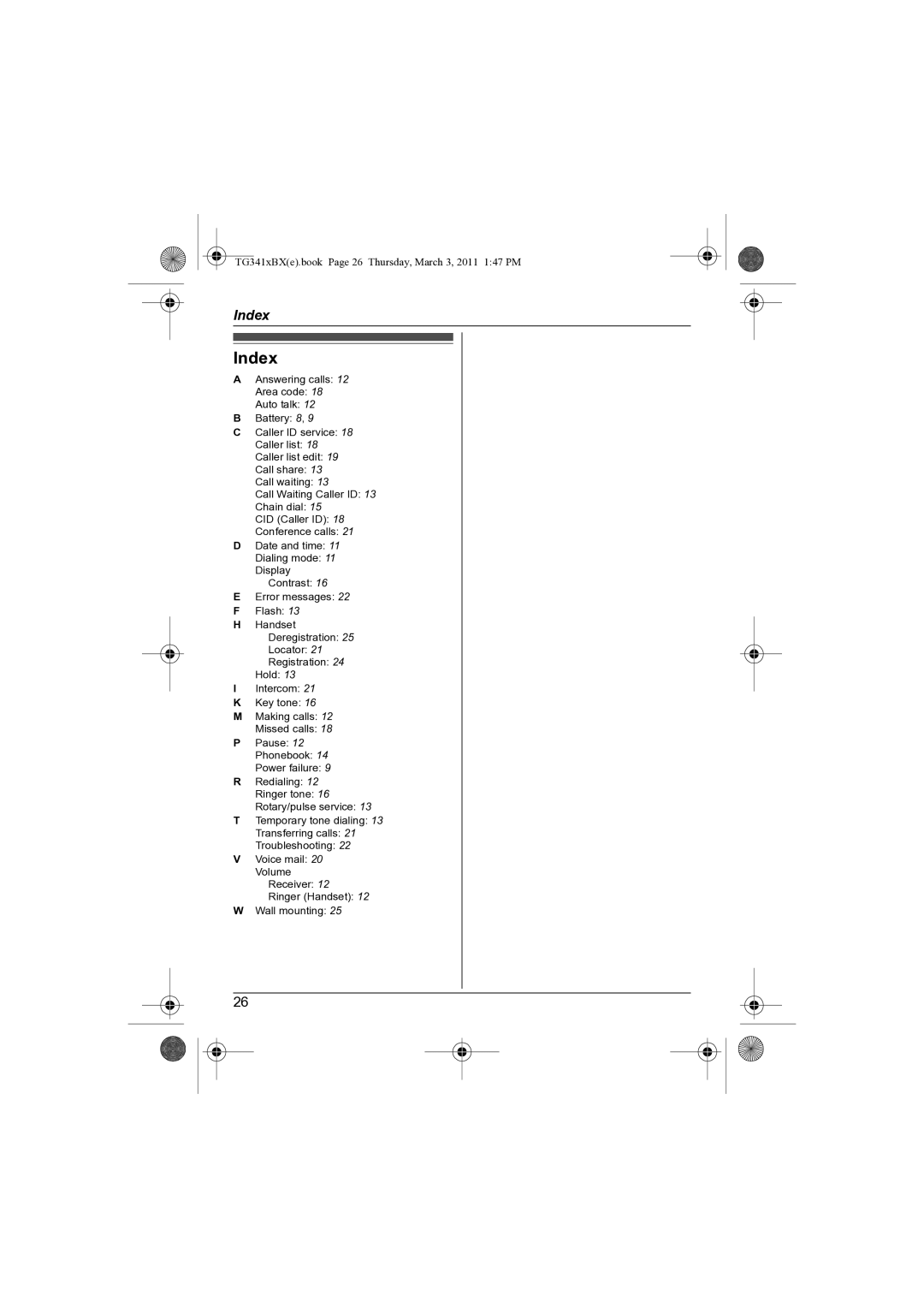 Panasonic KX-TG3411BX operating instructions Index 