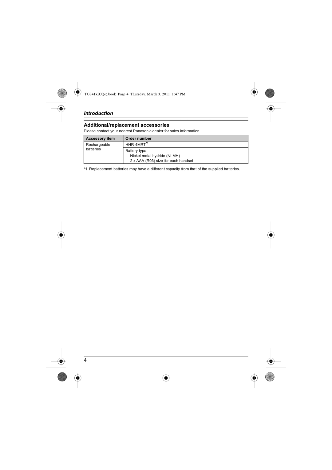 Panasonic KX-TG3411BX operating instructions Additional/replacement accessories, Accessory item Order number 