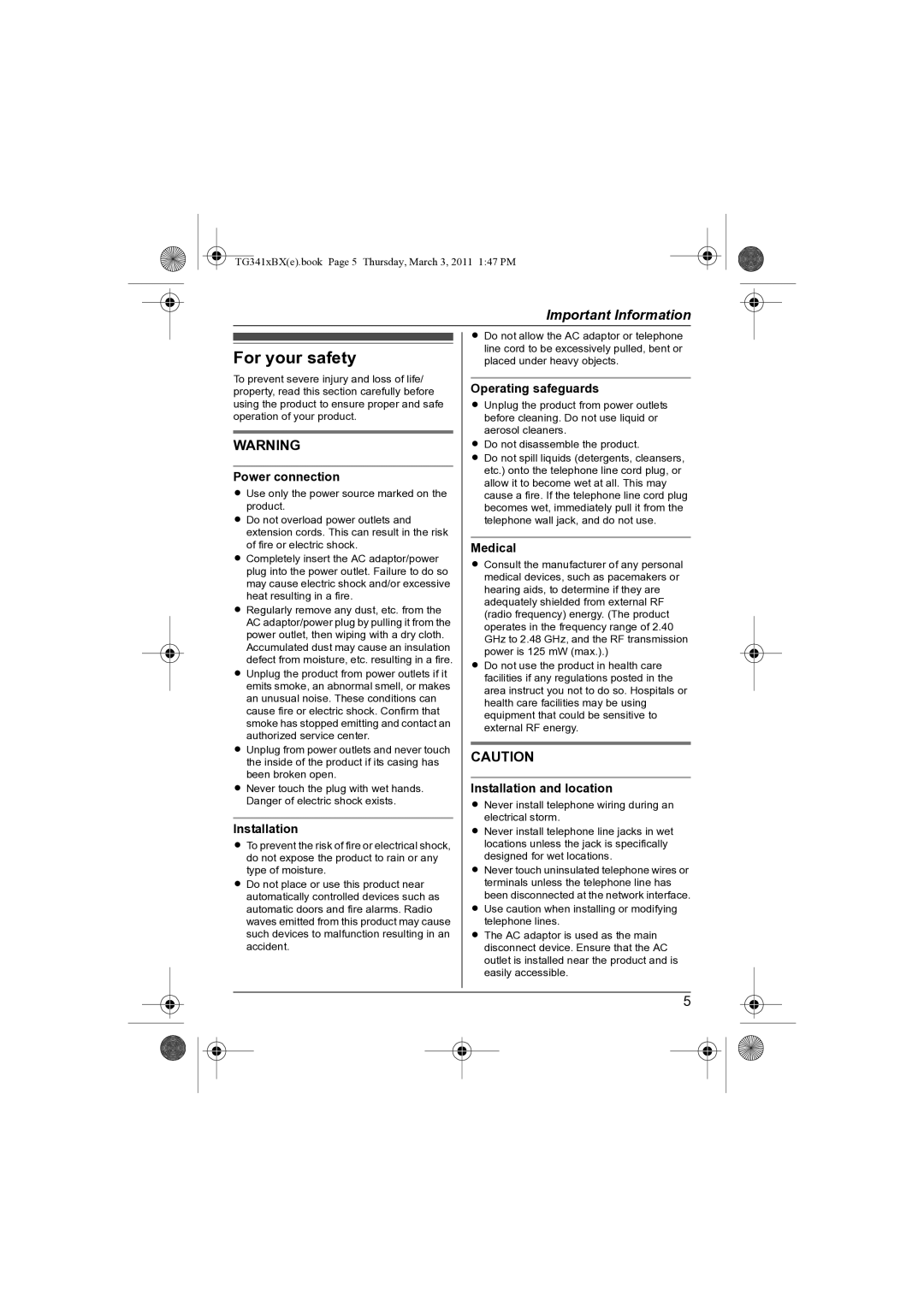 Panasonic KX-TG3411BX operating instructions For your safety 