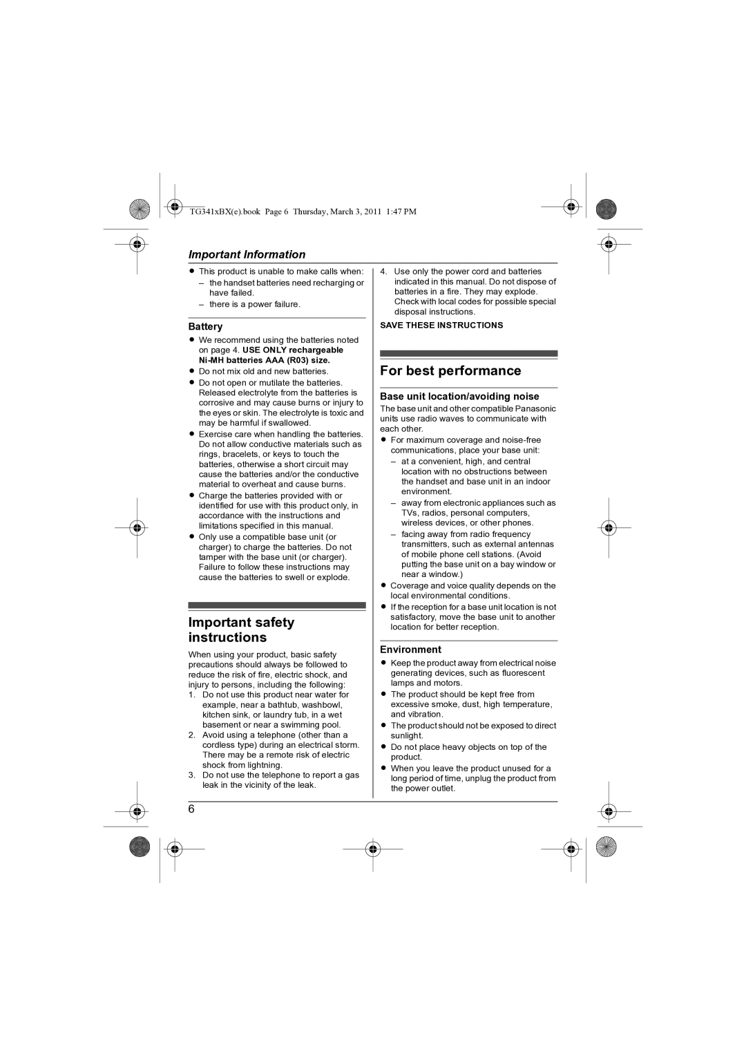 Panasonic KX-TG3411BX Important safety instructions, For best performance, Battery, Base unit location/avoiding noise 