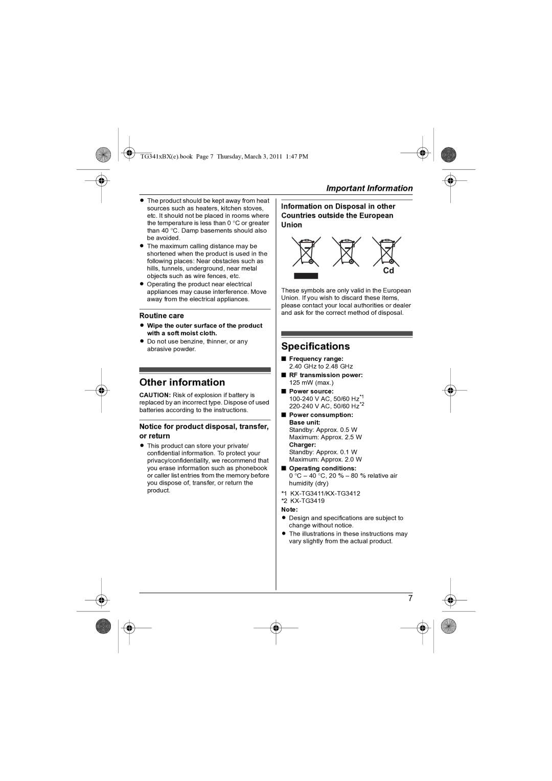 Panasonic KX-TG3411BX operating instructions Other information, Specifications, Routine care 