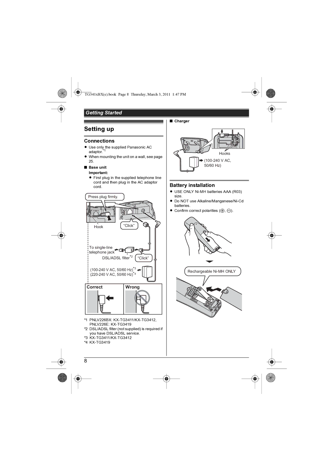 Panasonic KX-TG3411BX Setting up, Connections, Battery installation, Correct Wrong, Base unit Important 