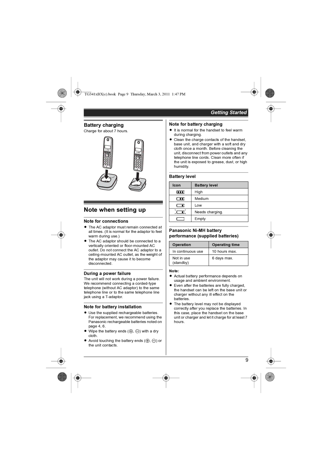 Panasonic KX-TG3411BX Battery charging, During a power failure, Icon Battery level, Operation Operating time 