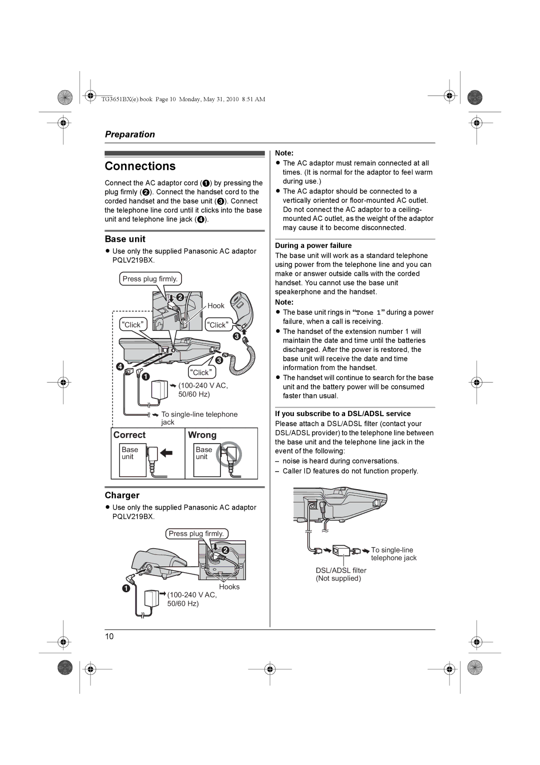 Panasonic KX-TG3651BX Connections, Charger, During a power failure, If you subscribe to a DSL/ADSL service 