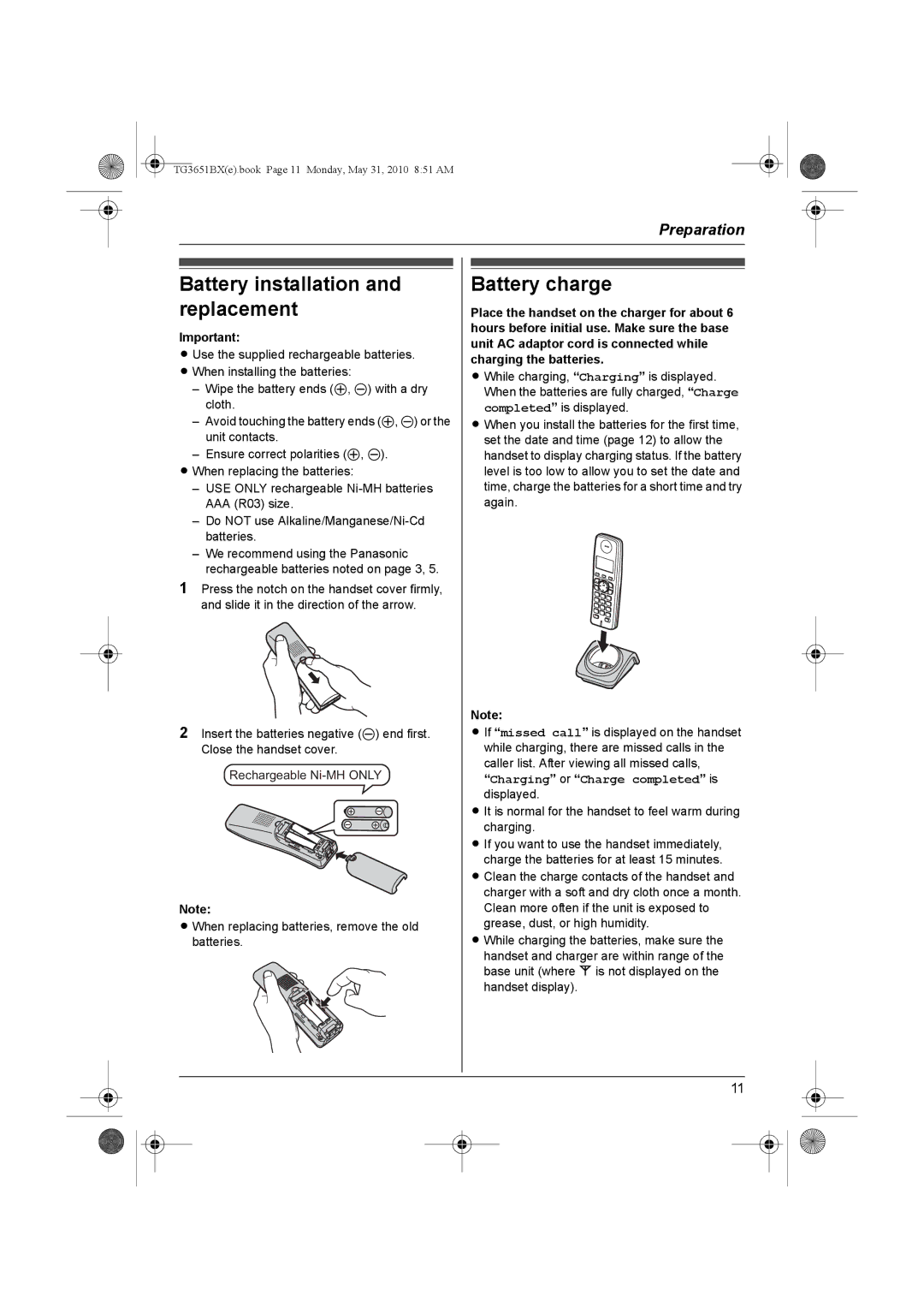 Panasonic KX-TG3651BX operating instructions Battery installation and replacement, Battery charge 