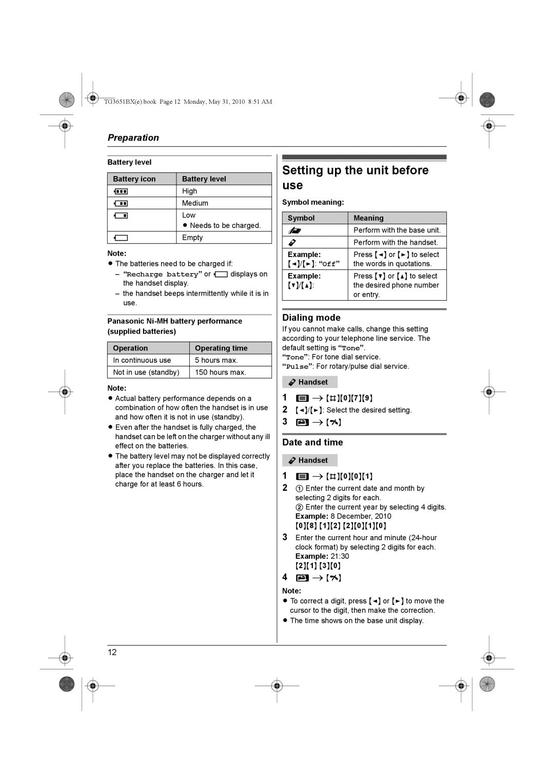 Panasonic KX-TG3651BX operating instructions Setting up the unit before use, Dialing mode, Date and time 