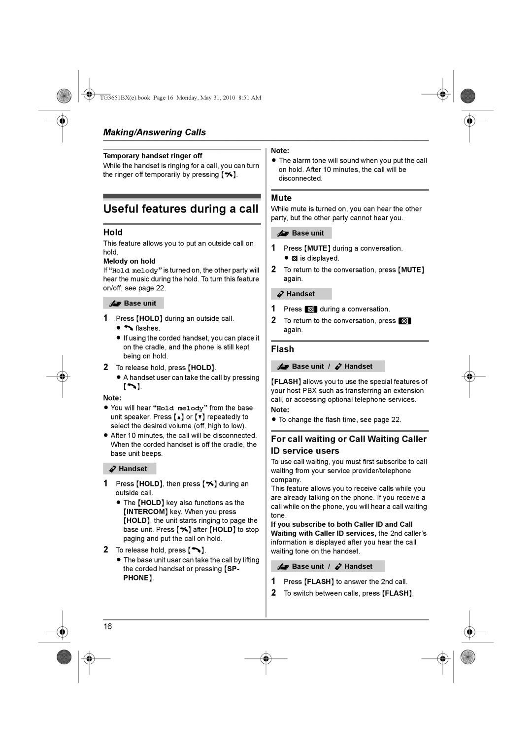 Panasonic KX-TG3651BX operating instructions Useful features during a call, Hold, Mute, Flash 