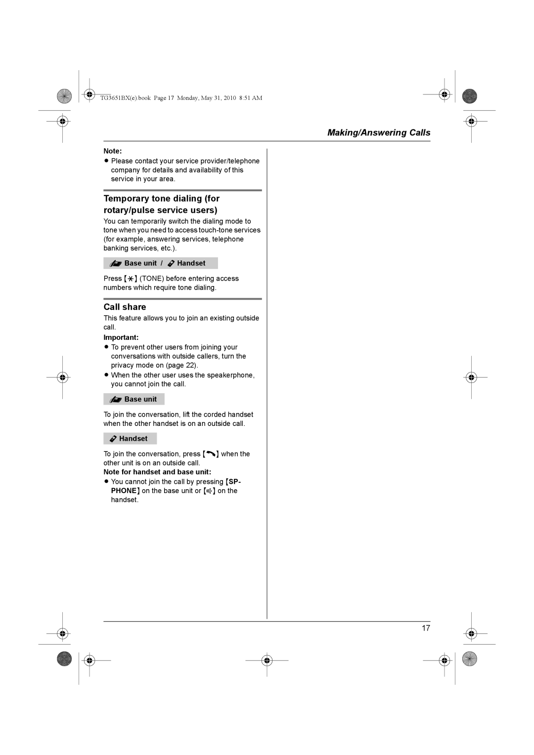 Panasonic KX-TG3651BX operating instructions Temporary tone dialing for rotary/pulse service users, Call share 