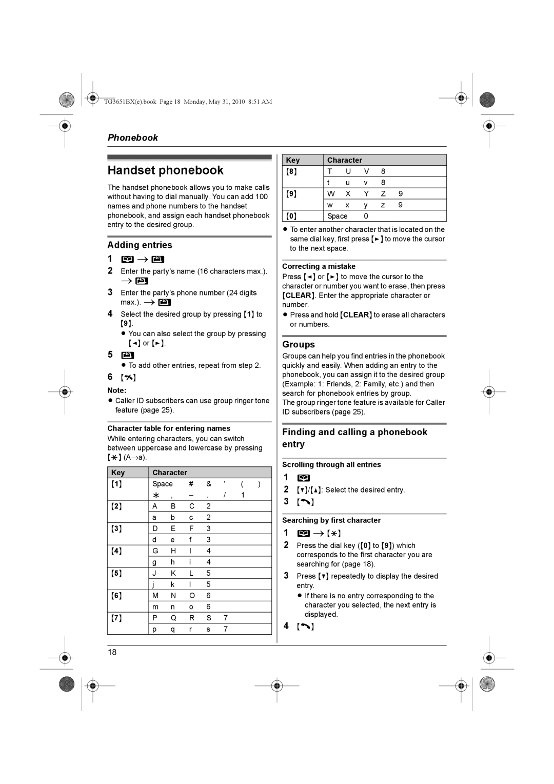 Panasonic KX-TG3651BX Handset phonebook, Adding entries, Groups, Finding and calling a phonebook entry 