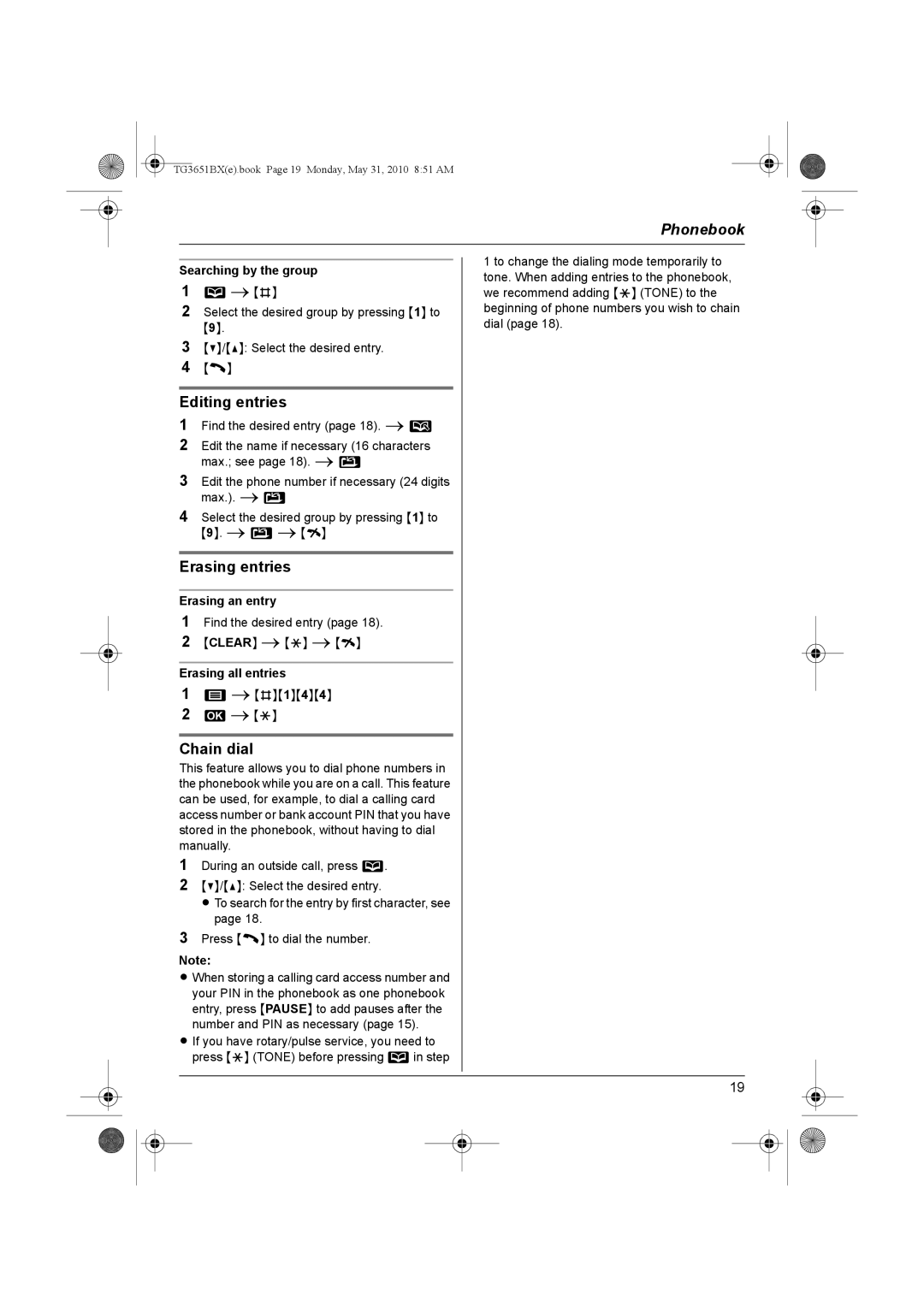 Panasonic KX-TG3651BX operating instructions Editing entries, Erasing entries, Chain dial 