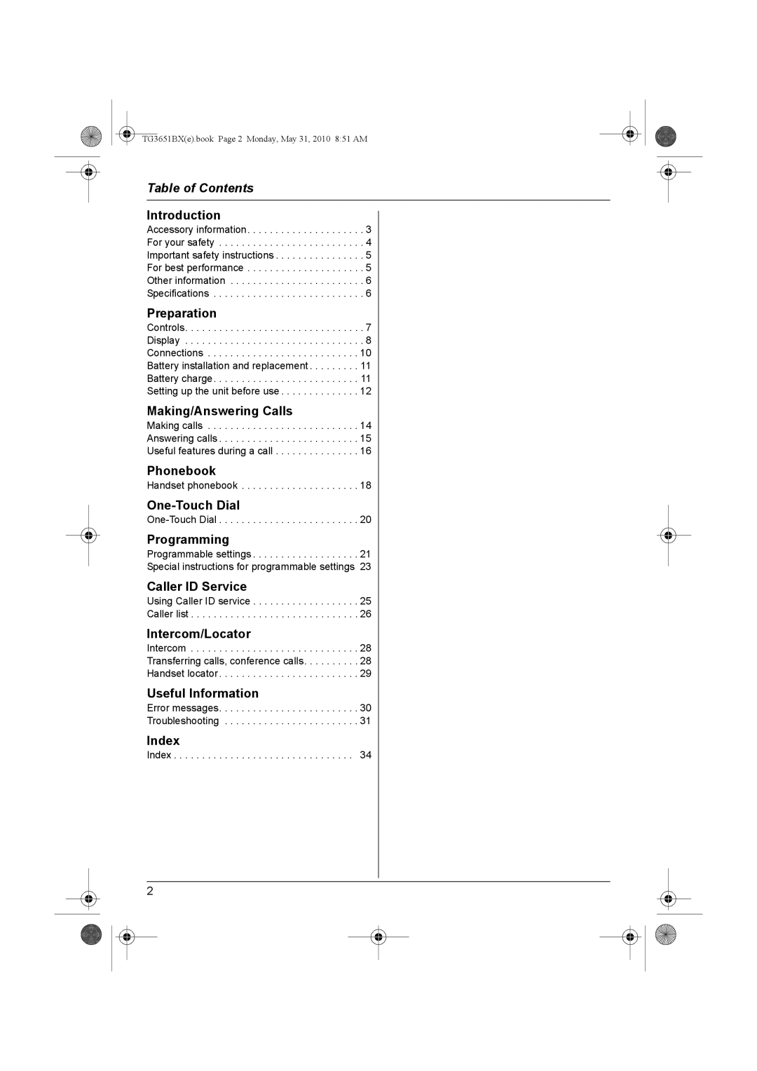 Panasonic KX-TG3651BX operating instructions Table of Contents 