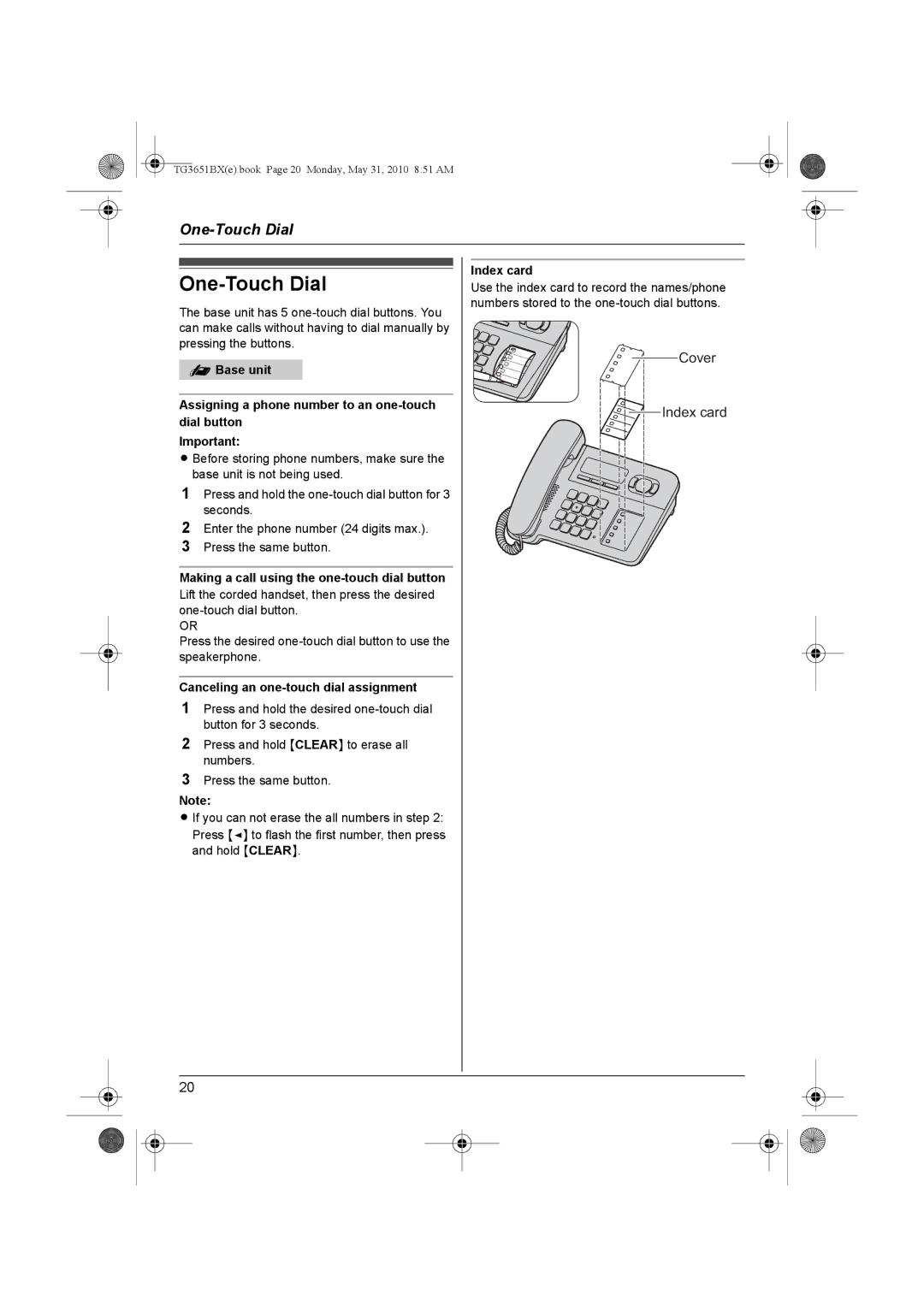 Panasonic KX-TG3651BX operating instructions One-Touch Dial, Canceling an one-touch dial assignment, Index card 