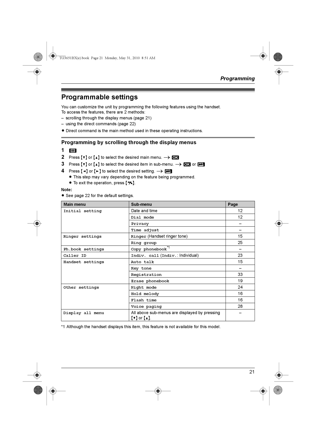 Panasonic KX-TG3651BX Programmable settings, Programming by scrolling through the display menus, Main menu Sub-menu 