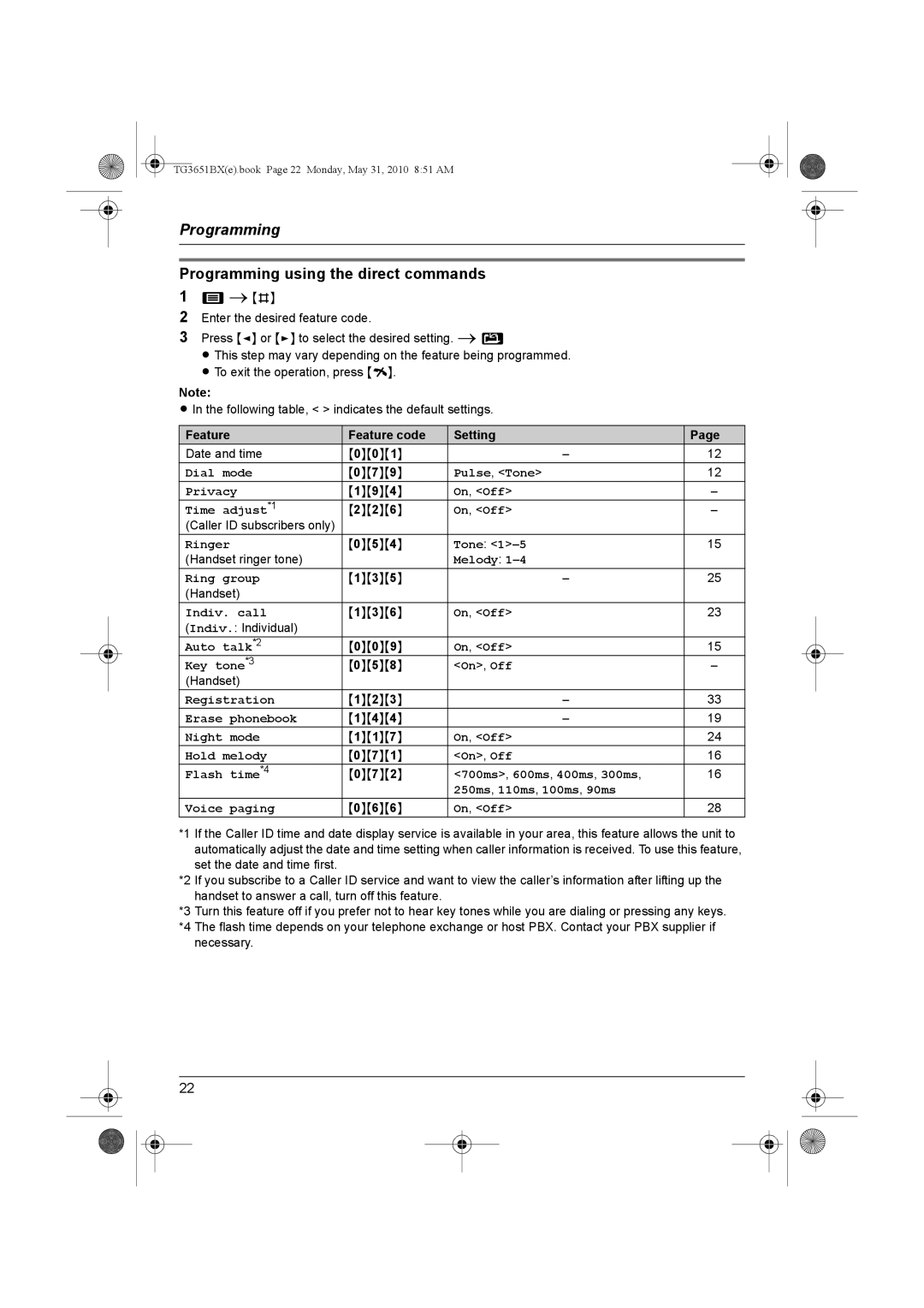 Panasonic KX-TG3651BX operating instructions Programming using the direct commands, Feature Feature code Setting 