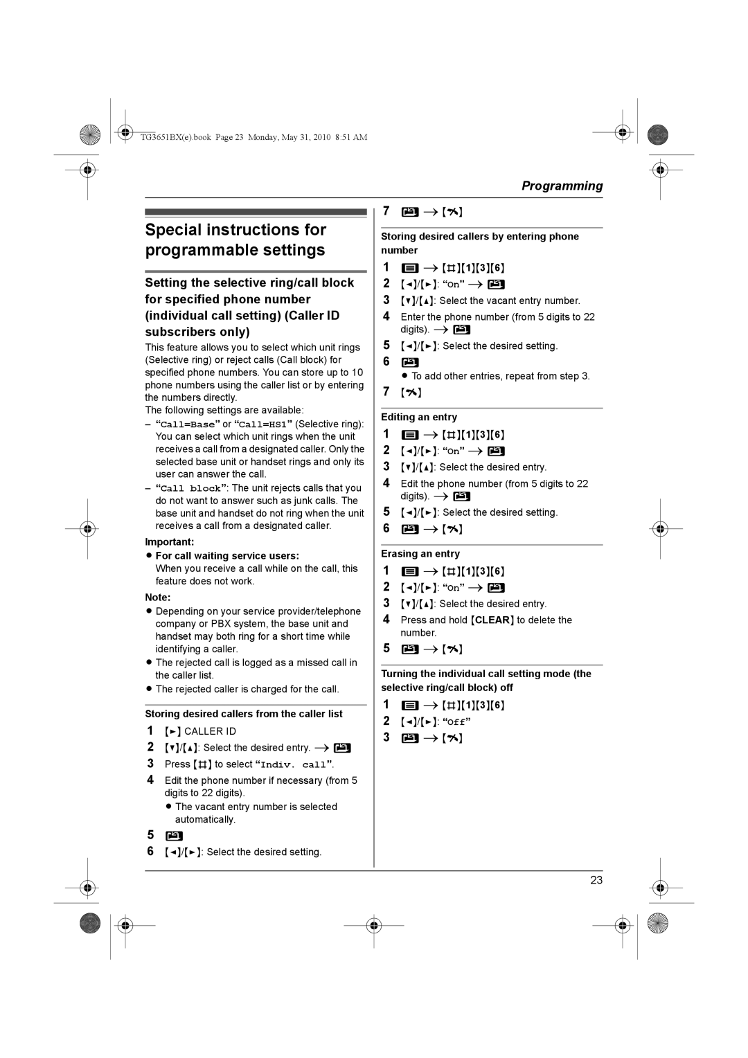 Panasonic KX-TG3651BX Special instructions for programmable settings, For call waiting service users, Editing an entry 