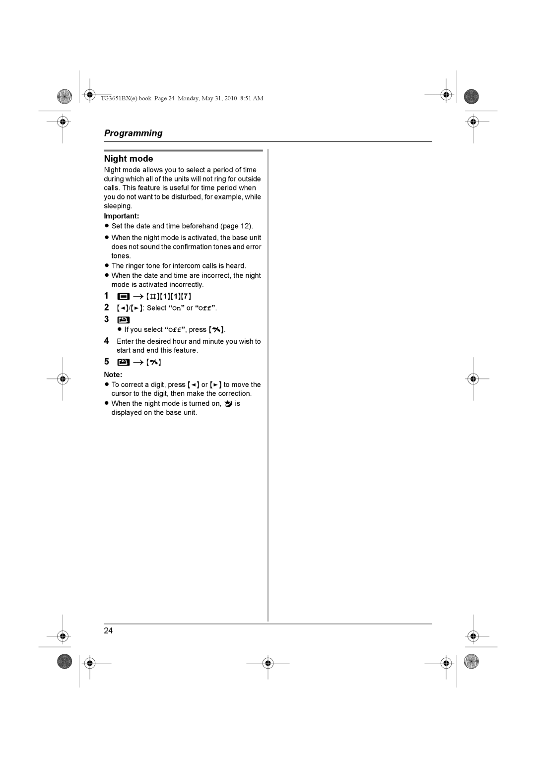 Panasonic KX-TG3651BX operating instructions Night mode 