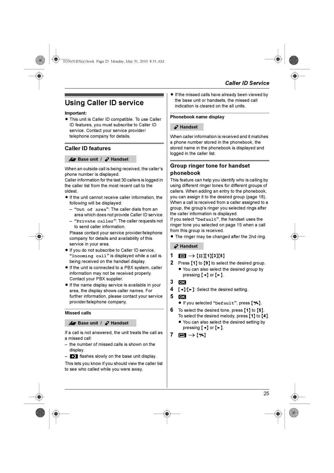 Panasonic KX-TG3651BX Using Caller ID service, Caller ID features, Group ringer tone for handset phonebook 