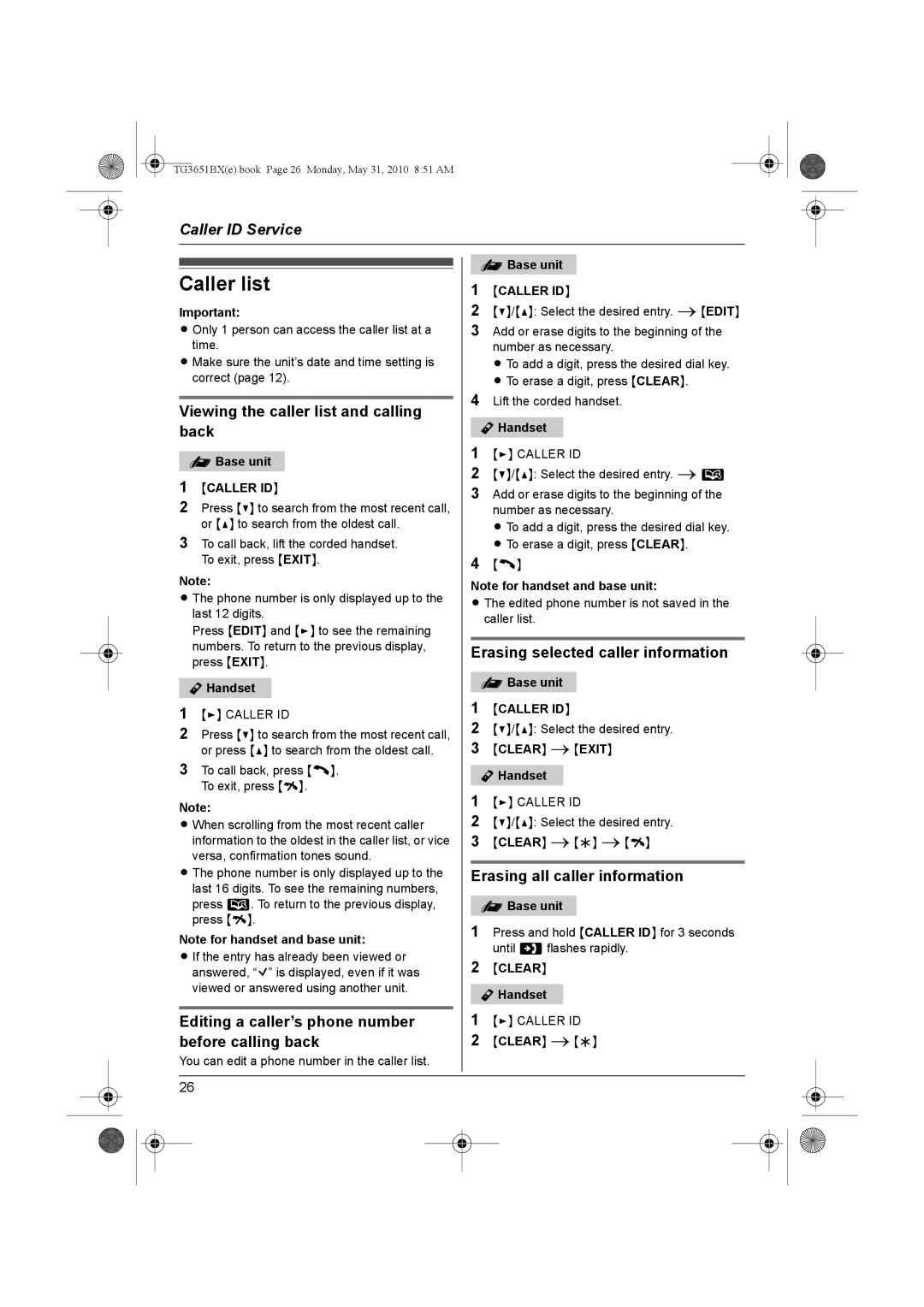 Panasonic KX-TG3651BX operating instructions Erasing selected caller information, Erasing all caller information 