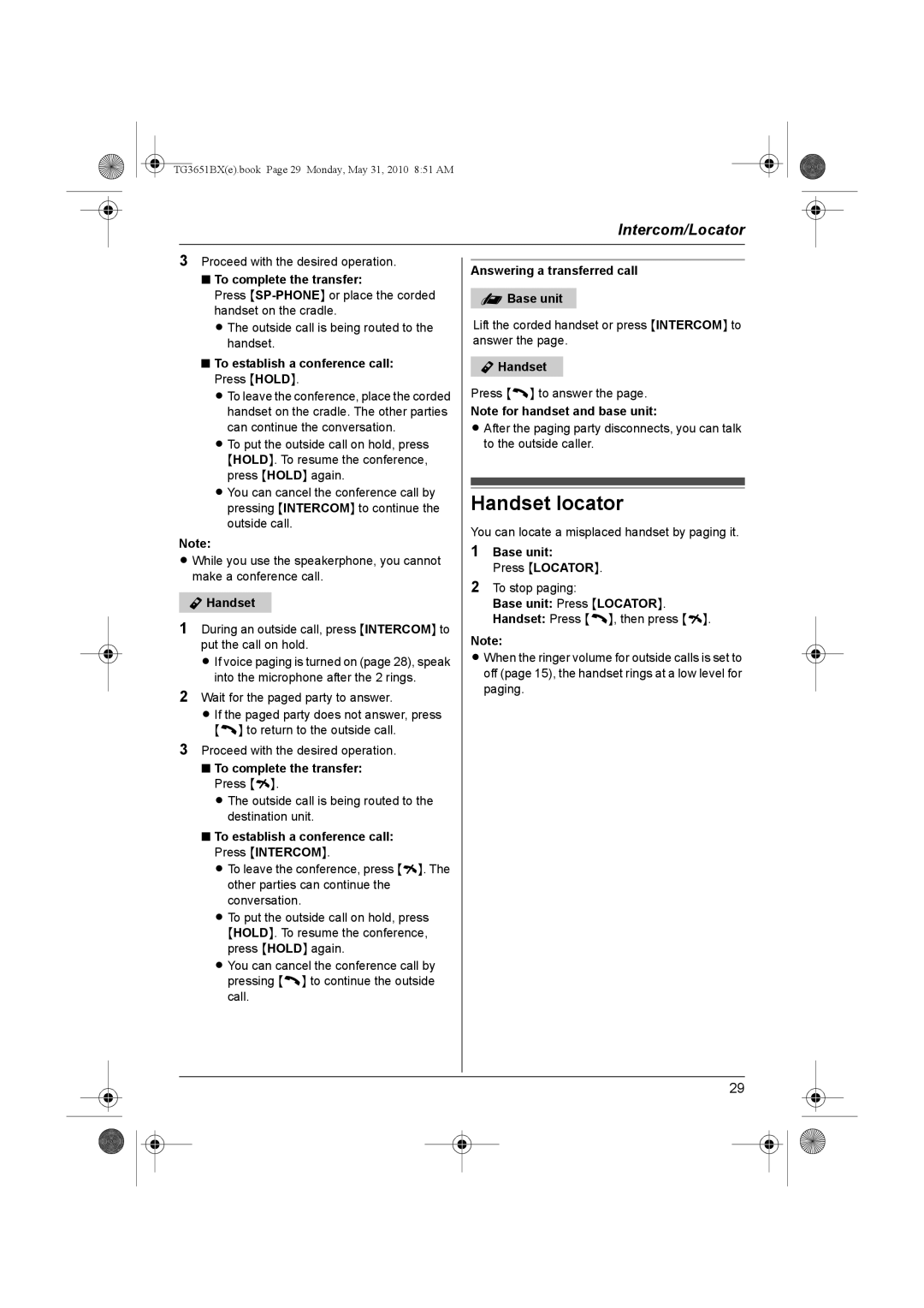 Panasonic KX-TG3651BX operating instructions Handset locator 