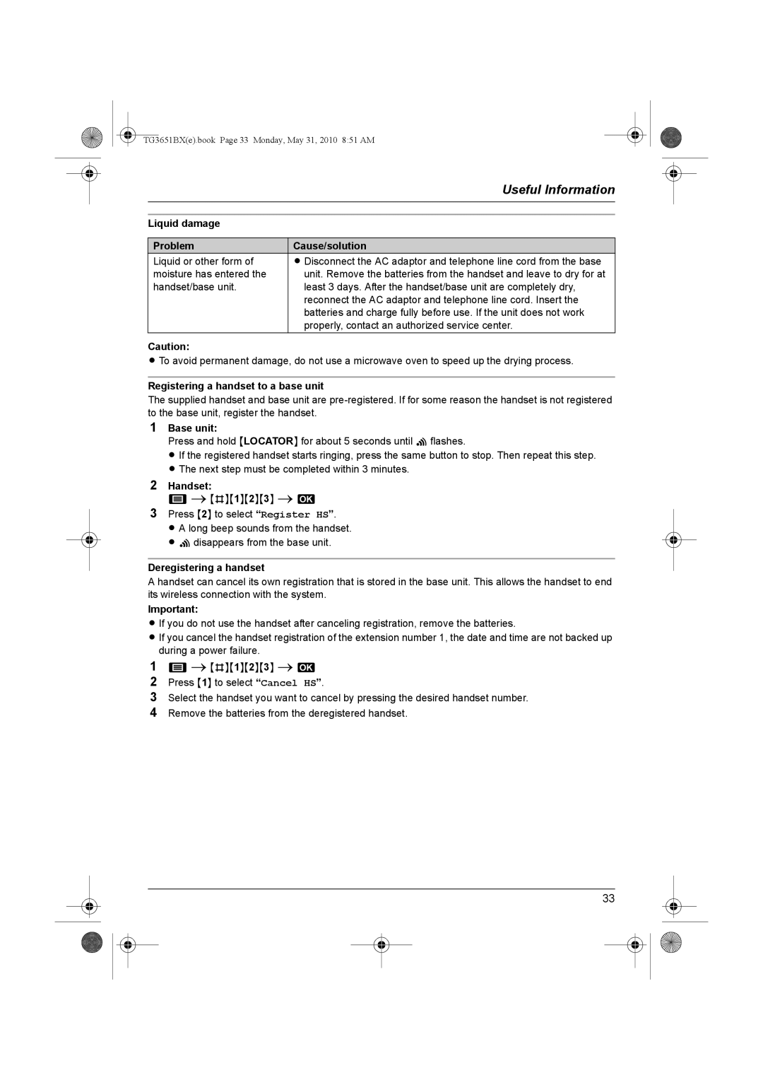 Panasonic KX-TG3651BX Liquid damage Problem Cause/solution, Registering a handset to a base unit, Deregistering a handset 