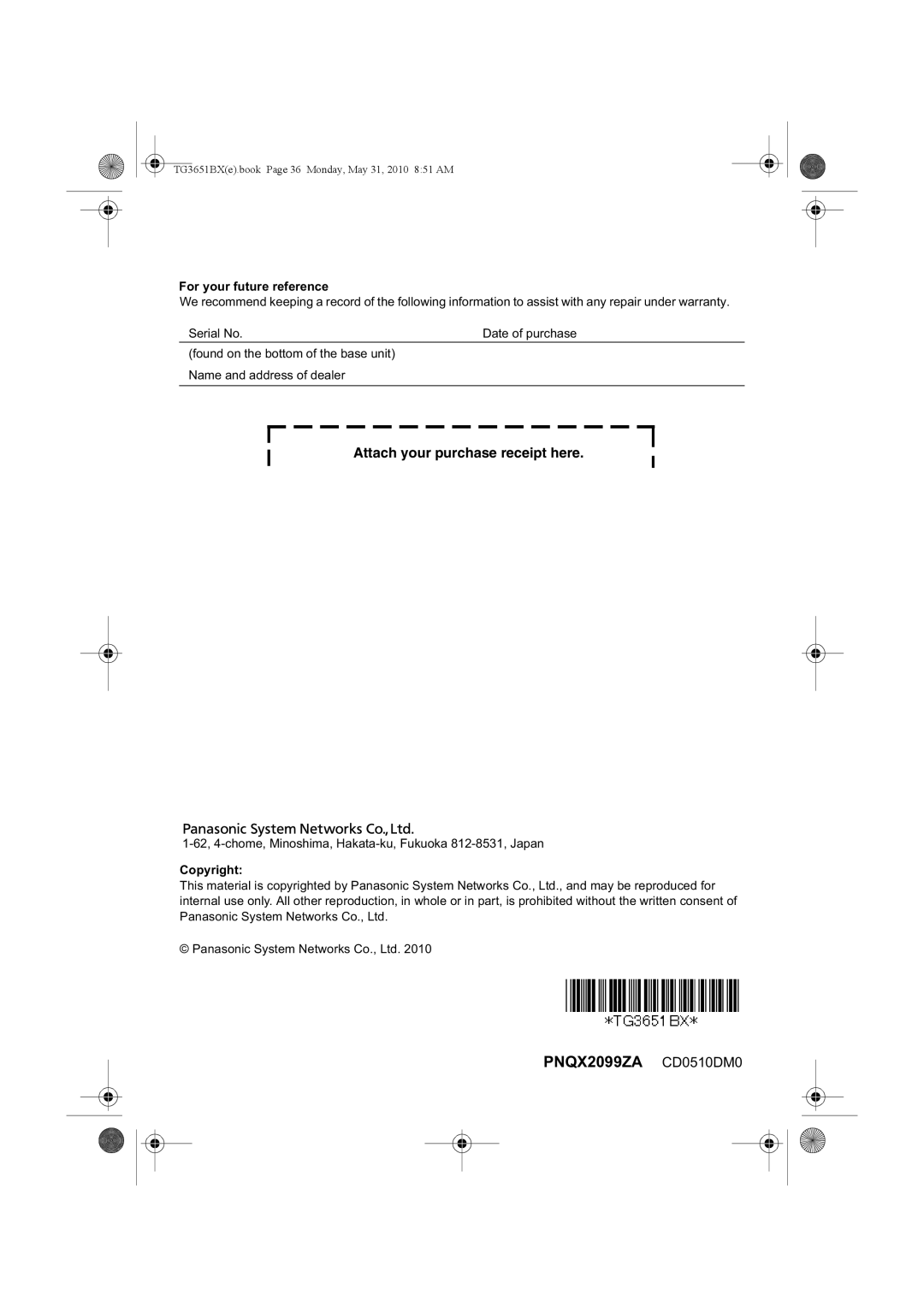 Panasonic KX-TG3651BX operating instructions PNQX2099ZA CD0510DM0, For your future reference, Copyright 