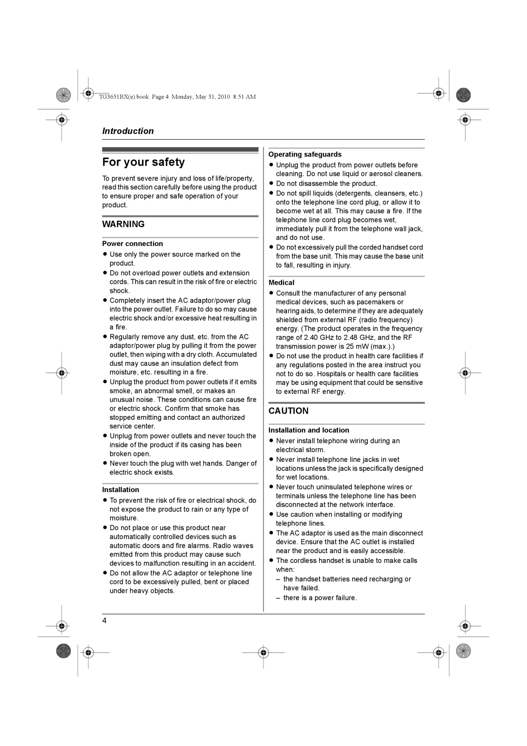 Panasonic KX-TG3651BX operating instructions For your safety 