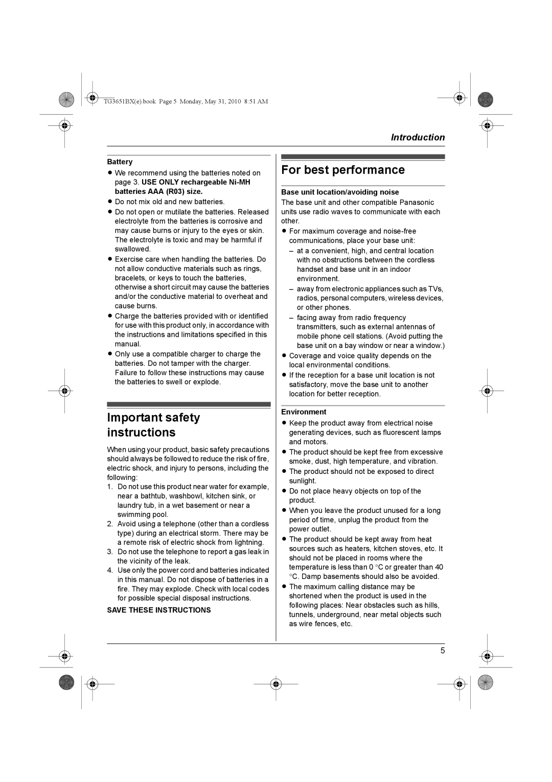 Panasonic KX-TG3651BX Important safety instructions, For best performance, Battery, Base unit location/avoiding noise 